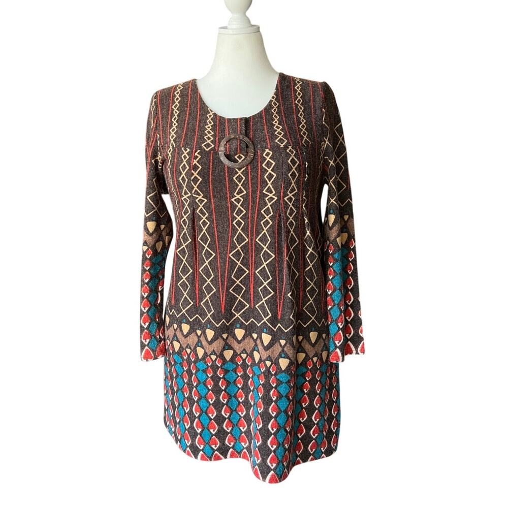 Cathaya Boho Brown Graphic Stretch Knit Tunic Women's Size L Cottage Hippie 70s
